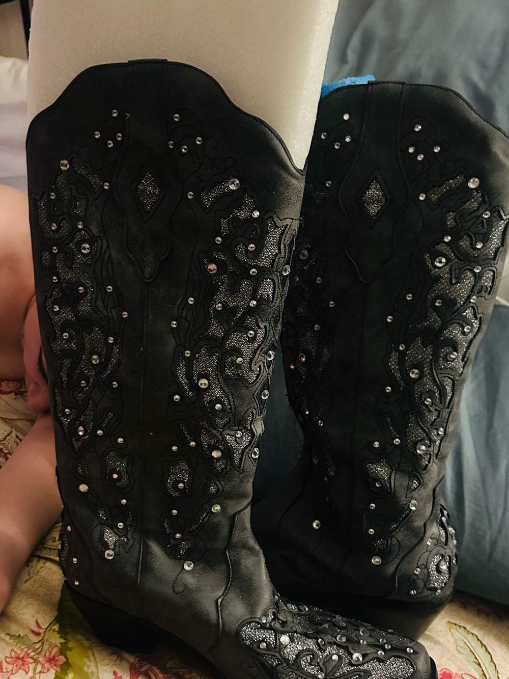 Sunsburry rhinestone encrusted lace Embellished Boho Western-Style Women's Boots
